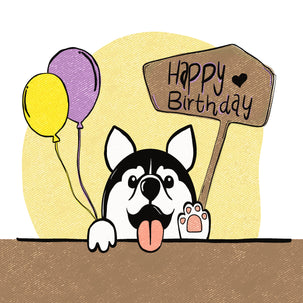 Husky Dog With Balloons Happy Birthday Card Seo_Husky