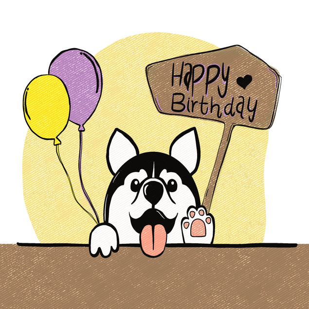 Husky Dog With Balloons Happy Birthday Card Seo_Husky