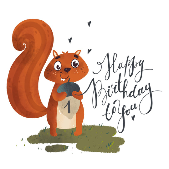 Happy 1st Birthday Cute Squirrel Holding An Acorn