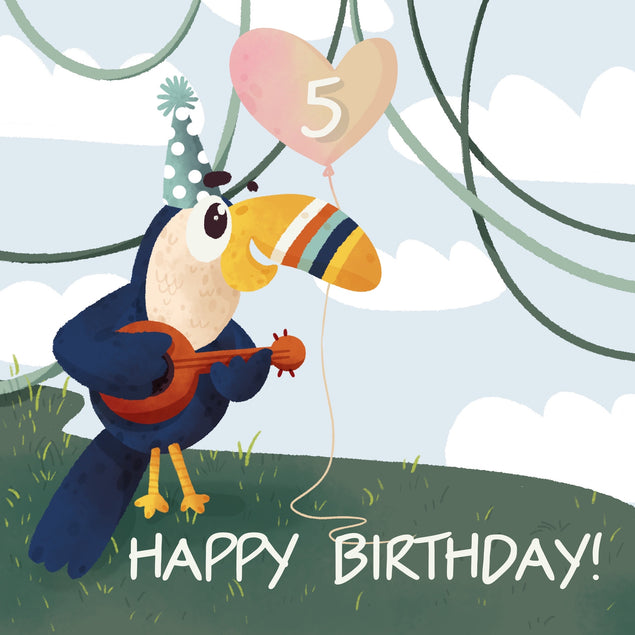 Happy 5th Birthday Bird Playing Music