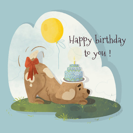 Cute Puppy With A Cake And A Balloon Birthday Card