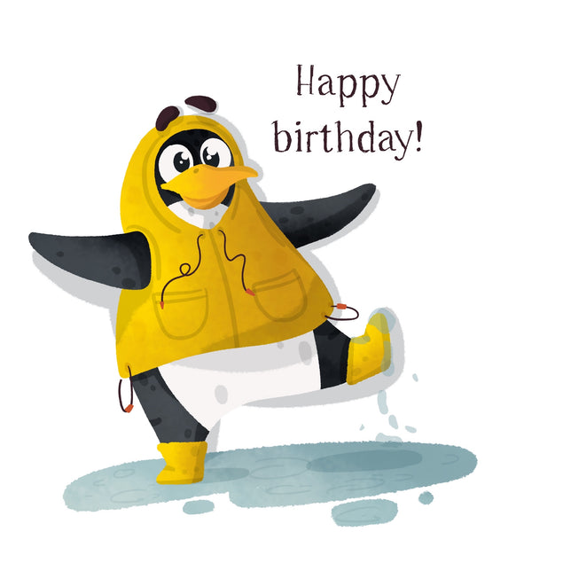 Penguin Playing In The Rain Happy Birthday Card Seo_Penguin