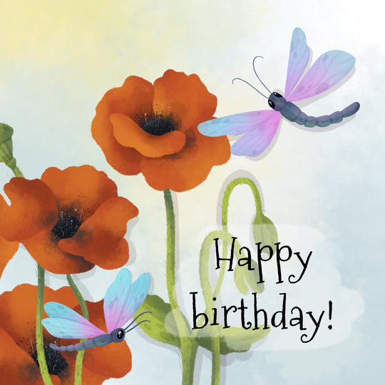 Dragonfly On Flower Happy Birthday Card