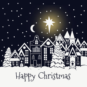 Happy Christmas Balck And White Snowy Houses Card Season_Christmas Theme_Traditional