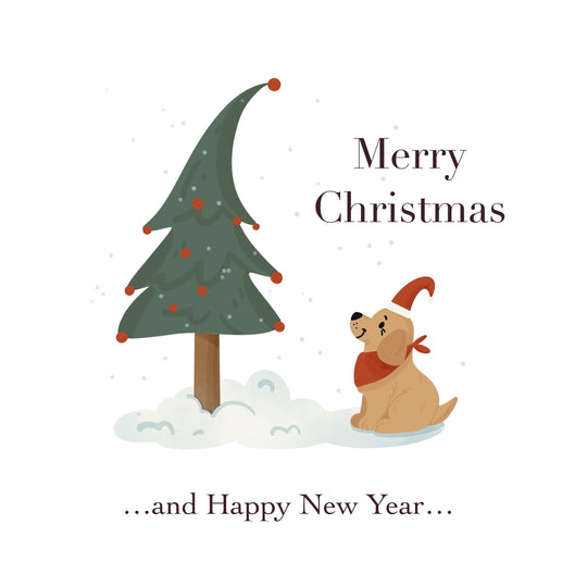 Merry Christmas And Happy New Year Cute Labrador Puppy And Christmas Tree Card