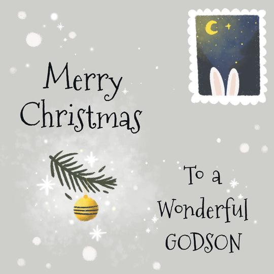 Mery Christmas Wonderful Godson Bunny's Ears Stamp White Card
