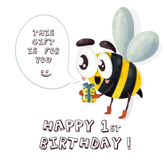 Bee With Gift Happy 1st Birthday Card