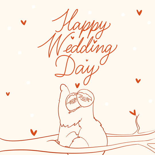 Happy Wedding Day Hugging Sloth Couple And Hearts