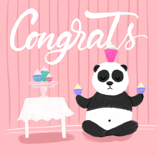 Pink Background Panda With Cupcakes Congrats