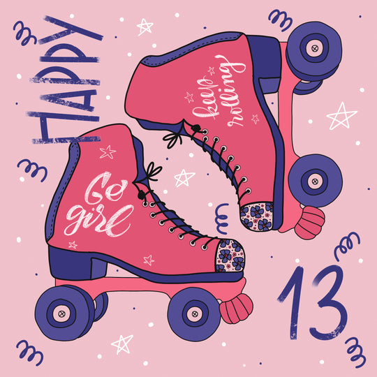 Pink Background Roller Skates Happy 13th Birthday Girl