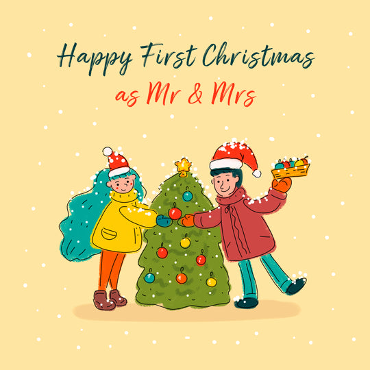Merry First Christmas As Mr. And Mrs. Adorable Couple Decorating Christmas Tree Card