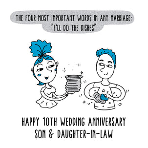 Happy 10th Wedding Anniversary Son And Daughter-in-law Couple Doing The Dishes