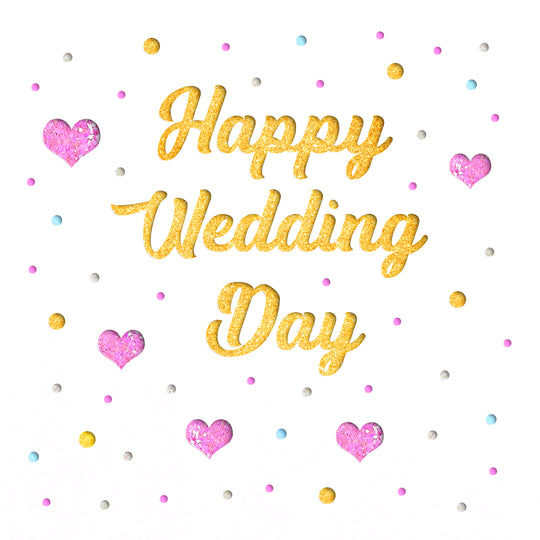 Happy Wedding Day Golden Letters And Pink Hearts