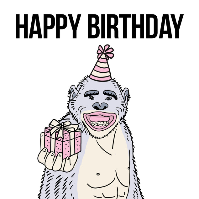 Grey Monkey With A Gift Happy Birthday