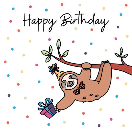 Happy Birthday Sloth With A Gift Hanging On A Tree