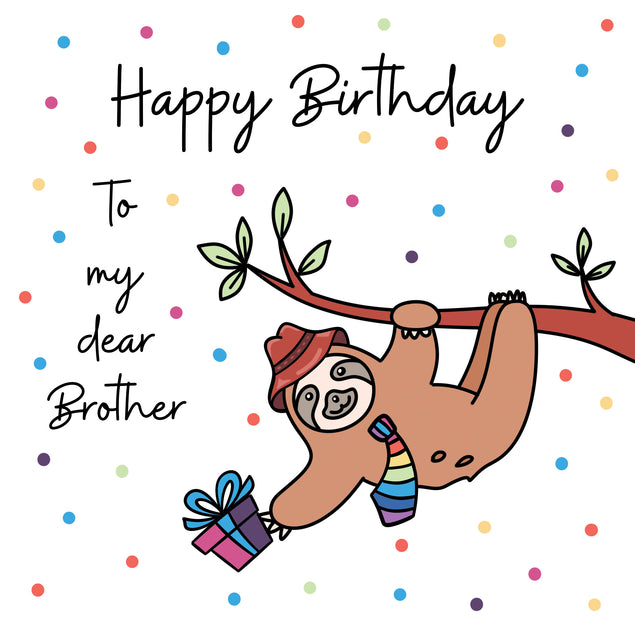 Happy Birthday Brother Sloth With A Gift Hanging On A Tree