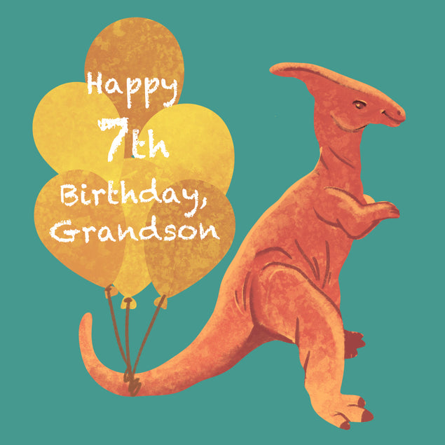 Happy 7th Birthday Grandson Dinosaur and Balloons