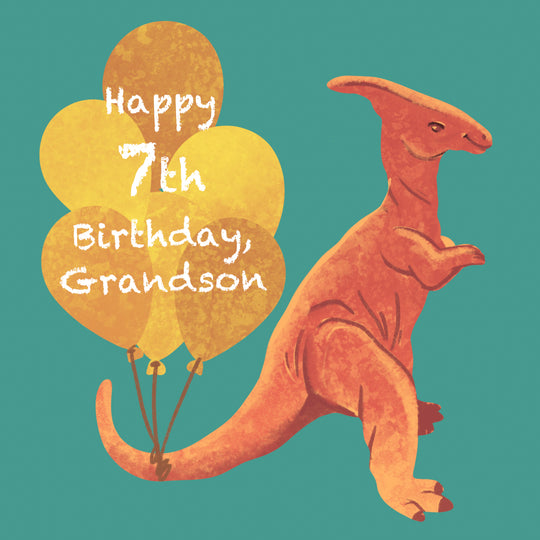 Happy 7th Birthday Grandson Dinosaur and Balloons
