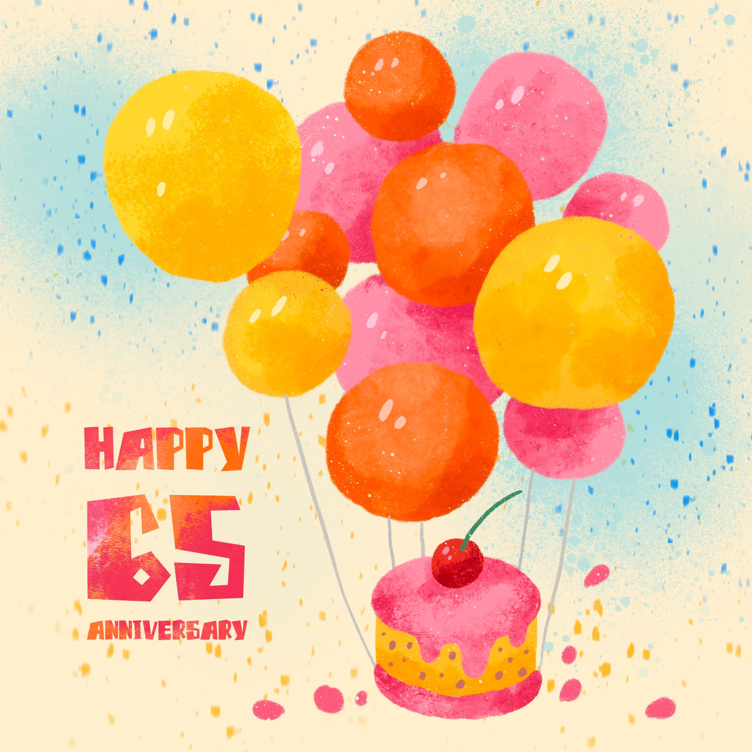 Happy 65th Anniversary Colourful Balloons And A Cupcake | Boomf