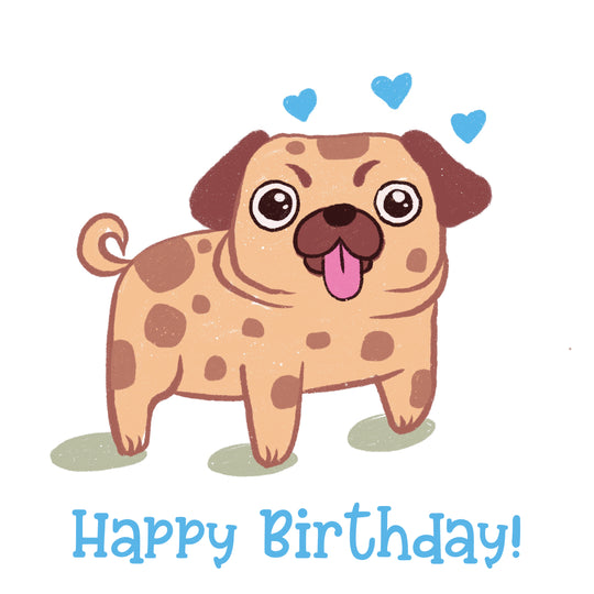 Blue Cute Pug Happy Birthday