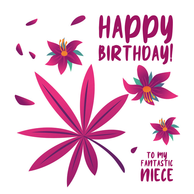 Happy Birthday Fantastic Niece Simple Purple Tropical Plant And Flowers