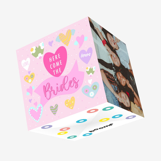 Here Come The Brides Colourful Hearts Wedding Confetti-exploding Greetings Card