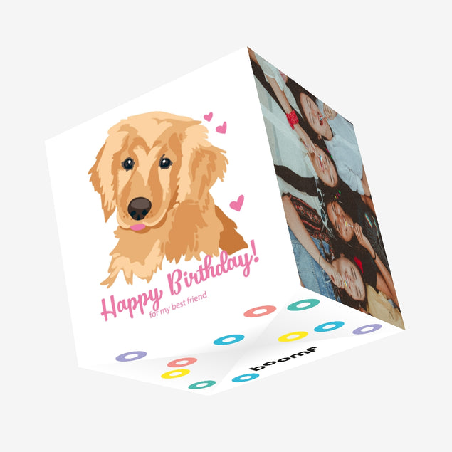 Happy Birthday Golden Retriever And Hearts Confetti-exploding Greetings Card