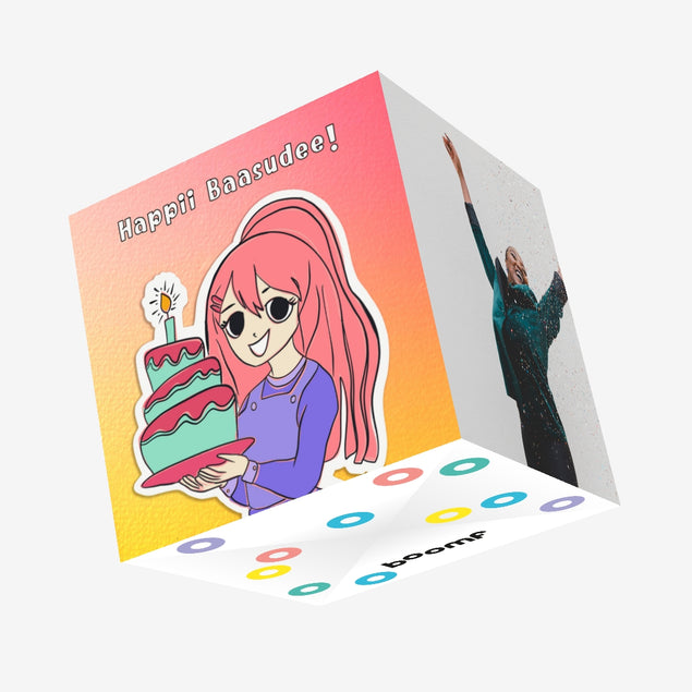 Happi Baasudee Anime Girl With A Big Cake Confetti-exploding Greetings Card