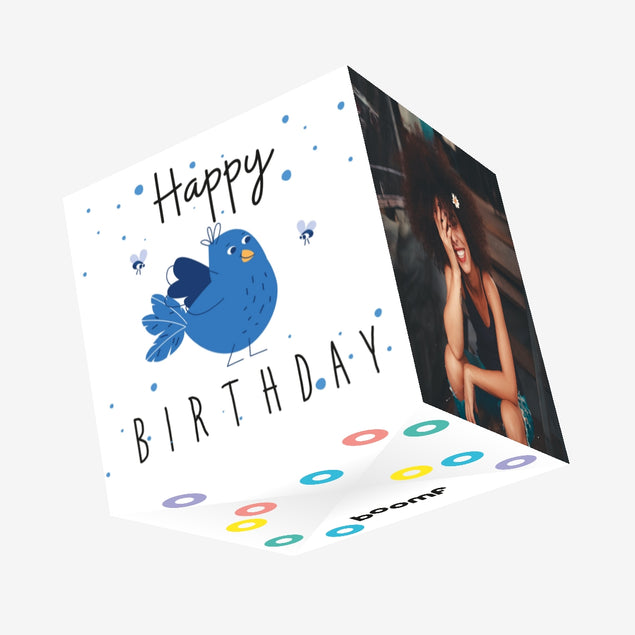 Cute Lovely Blue Bird Happy Birthday Confetti-exploding Greetings Card