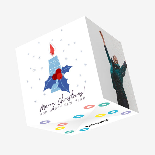 Merry Christmas And Happy New Year Blue Candle And Mistletoe Confetti-exploding Greetings Card