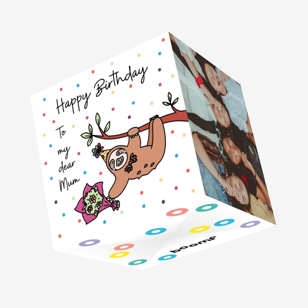 Happy Birthday Mum Sloth With A Flower Bouquet Hanging On A Tree Confetti-exploding Greetings Card