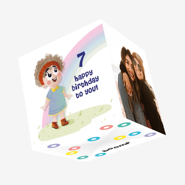 Cute Curly Girl Happy 7th Birthday Confetti-exploding Greetings Card