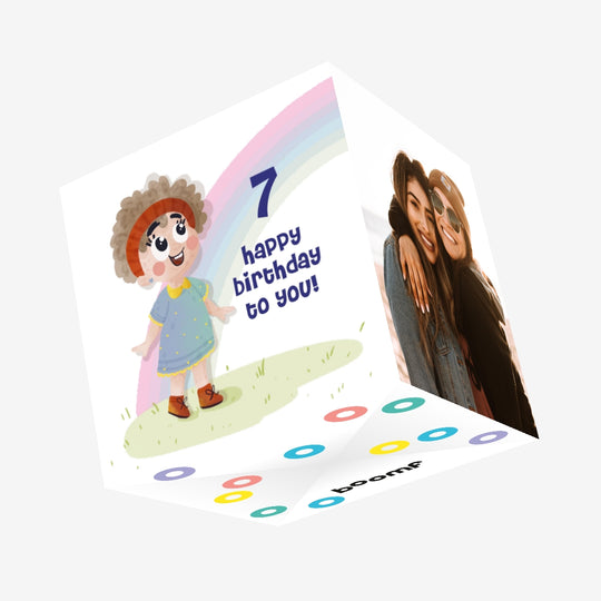 Cute Curly Girl Happy 7th Birthday Confetti-exploding Greetings Card
