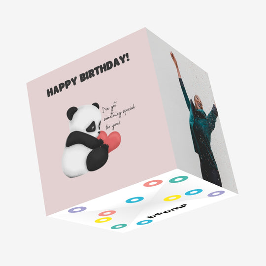 Pink Background Panda With Heart Happy Birthday Confetti-exploding Greetings Card