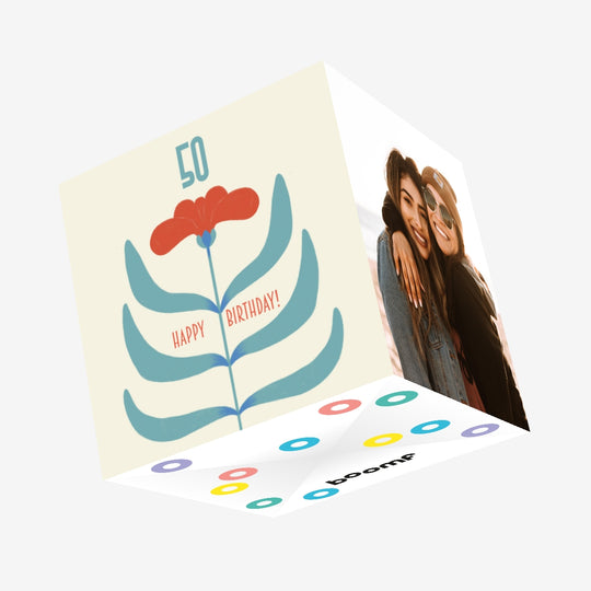 Happy 50th Birthday Big Red Flower Confetti-exploding Greetings Card