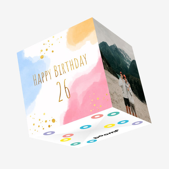 Golden Letters Cute Watercolor Clouds Happy 26th Birthday Confetti-exploding Greetings Card
