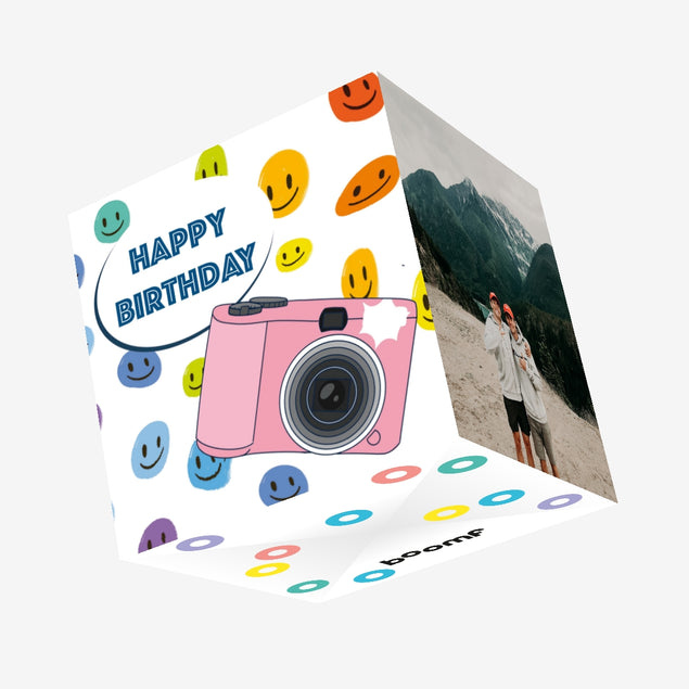 Happy Birthday Pink Camera And Smilies Confetti-exploding Greetings Card