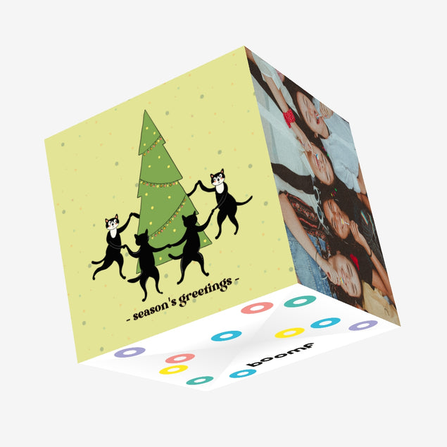 Season's Greetings Black Cats Dancing Around Christmas Tree Confetti-exploding Greetings Card