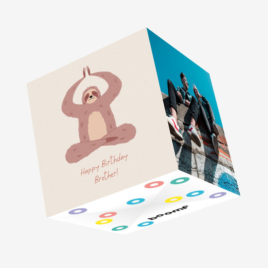 Happy Birthday Brother Sloth Doing Yoga Confetti-exploding Greetings Card