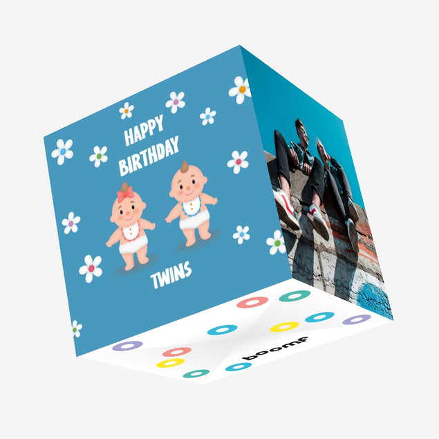 Flowers And Babies In Blue Happy Birthday Twins Confetti-exploding Greetings Card