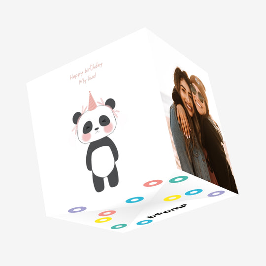 Cute Panda In Pink Party Hat Happy Birthday My Love Confetti-exploding Greetings Card