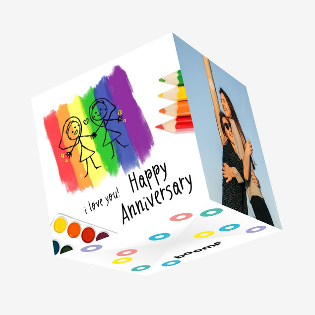 Happy Anniversary Two Girls and Pencils Confetti-exploding Greetings Card