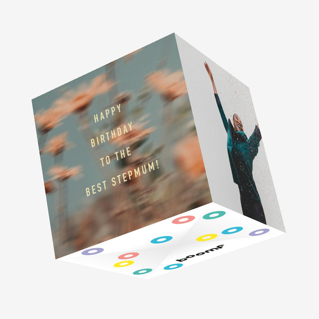 Happy Birthday Stepmum Blurry Dasies Pink Confetti-exploding Greetings Card