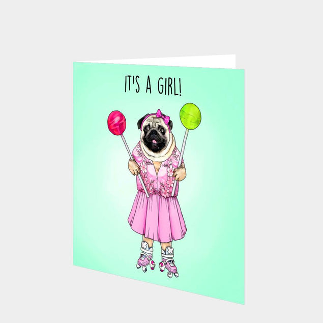 It's A Girl! Pug Card