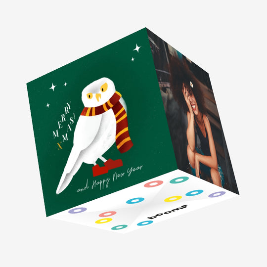 Merry Christmas And Happy New Year A White Owl Wearing A Scarf Confetti-exploding Greetings Card