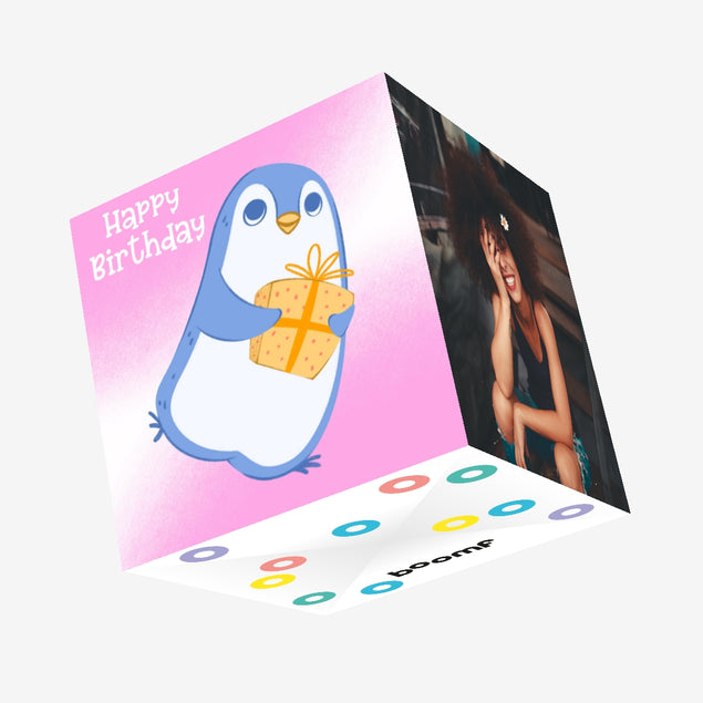 Penguin On A Pink Background With Gift Happy Birthday Confetti-exploding Greetings Card