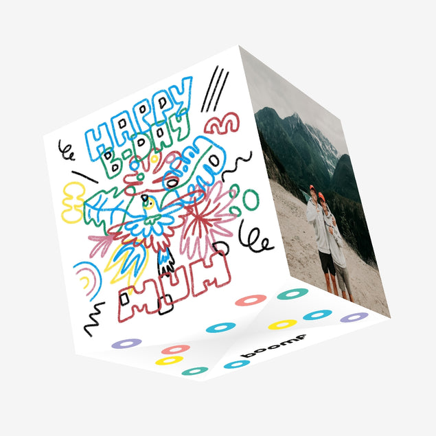 Happy Birthday Mum Crayon Tropical Leaves And Parrot Confetti-exploding Greetings Card