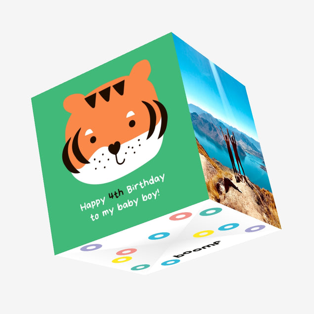 Cute Little Tiger Happy 4th Birthday Boy Confetti-exploding Greetings Card