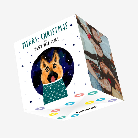 Cute German Shepherd In Sweater Merry Christmas Confetti-exploding Greetings Card