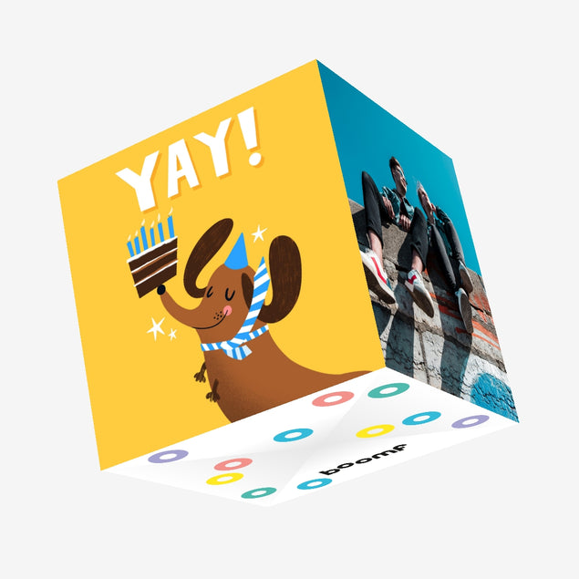 Cute Dachshund And Cake Yay Birthday Confetti-exploding Greetings Card